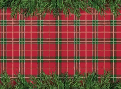 Red, green checkered pattern background with Christmas tree decoration Stock Illustration