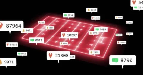 Red grid displaying in data space, floating labels with map pin chat Illustrazione stock