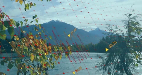 Red grid emerging over lake, yellow arrows gliding diagonally updating timecodes Stock Footage 310283694