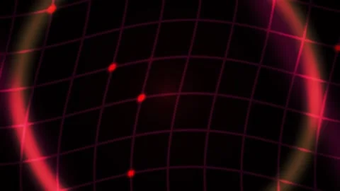 Red Grid with Glowing Nodes Moving Dynamically on a Dark Screen Stockbeeldmateriaal 343762214
