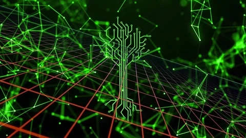 Red grid receding spawning neon-green circuit tree rising, network pulsing, Stock Footage 317741382