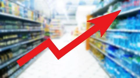 Red growing up large arrow on abstract blur image of supermarket background. Illustrazione stock