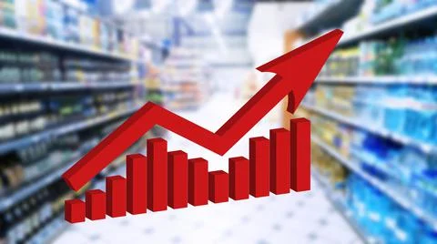Red growing up large arrow on abstract blur image of supermarket background. Illustrazione stock