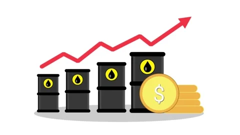 A red growth arrow rises over black oil barrels and a stack of gold dollar coins Stock Footage 332855746
