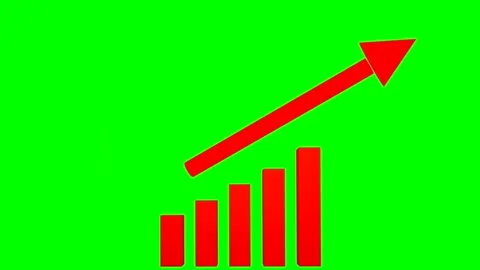 Red growth graph with rising bars and arrow on green chromakey background for Stock Footage 289204619