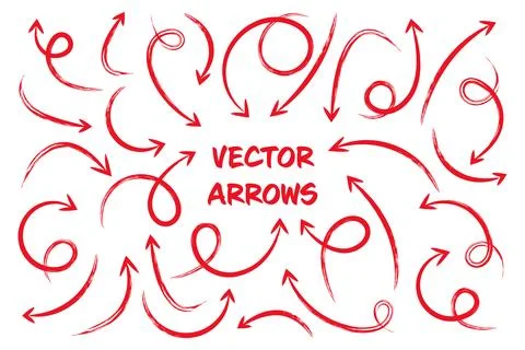 Red grunge hand drawn arrows isolated on white background. Doodle arrow, zigzag Stock Illustration