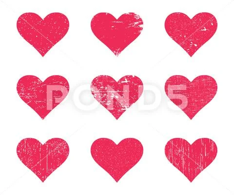Red grunge hearts. Distressed texture heart set Stock Illustration