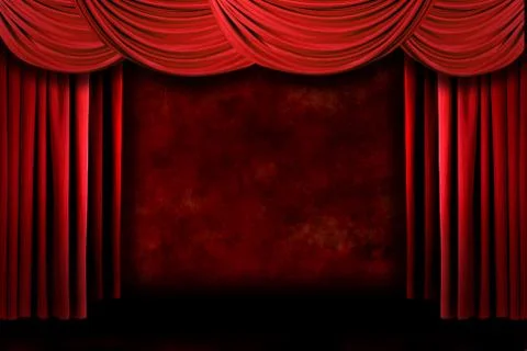 Red grungy stage theater drapes with dramatic lighting Stock Photos