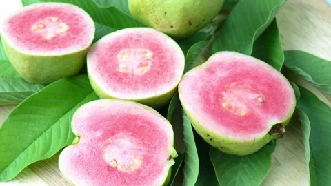 Red Guava fruit with leaf on blur garden background, Fresh Pink Guava fruit on w Stock Footage 235959457