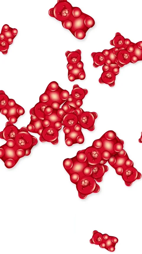 Red Gummy Bear Candy Bursting and Falling on White Background Stock Footage 346435579