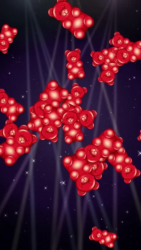 Red Gummy Bears Falling Over Glittering Dark Background Animation Stock Footage 344845768