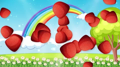 Red Gummy Candy Bursting Over Rainbow and Sunny Meadow Background Stock Footage 345038133