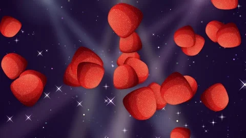 Red Gummy Candy Pieces Falling Over Sparkling Glitter Background Stock Footage 345703506