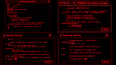 Red Hacker Console Tabs with Scrolling Programming Code - Loop Overlay Element Stock Footage 259406605