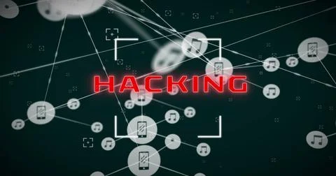 Red HACKING text glowing in center, connected by white lines to icons Stock Photos