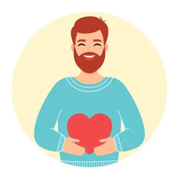 Red-haired and bearded man in love holding a heart. Vector illustration Stock Illustration