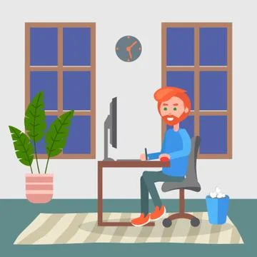Red-haired bearded man working with computer at home, young guy playing computer Stock Illustration