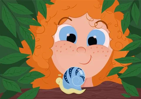 Red-haired blue-eyed girl looks at a snail crawling on a tree	 Illustrazione stock