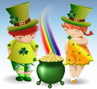 A red-haired boy and a red-haired girl in green clothes and green forts to St Stock Illustration