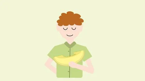 Red haired boy eat piece of fresh yellow melon Illustrazione stock