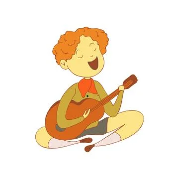 Red-haired boy in a scout clothes sings. Vector illustration on white background Stock Illustration