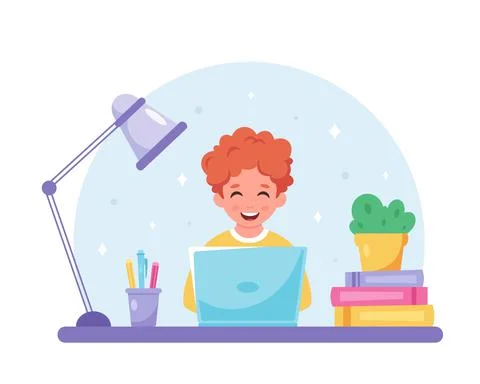 Red haired boy studying with computer. Online learning, back to school Stock Illustration