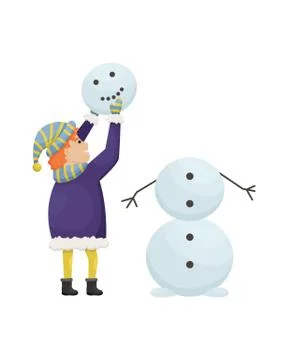 Red-haired child in winter clothes sculpts a snowman. Winter entertainment. F Stock Illustration