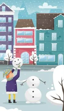 Red-haired child in winter clothes sculpts a snowman. Winter entertainment. Illustrazione stock