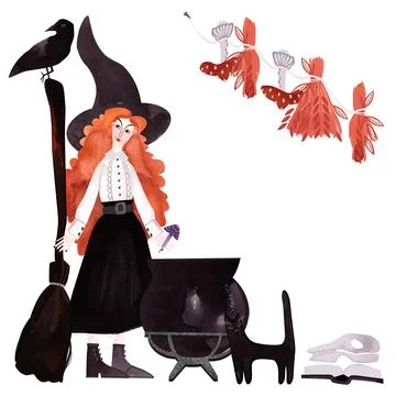 A red-haired curly witch brews a potion. Watercolor hand drawn isolated book Stock Illustration