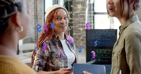 Red-haired developer absorbing finance explanation, causing animated currencies Stock Footage 316133701