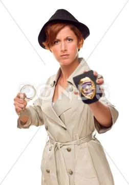 Red Haired Female Detective With Handcuffs and Badge In Trenchcoat. Stock Photos