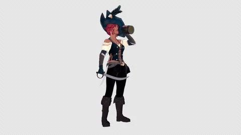 Red Haired Female Pirate Drinking Rum and Swinging Sword, Frontal View Stockbeeldmateriaal 344771649