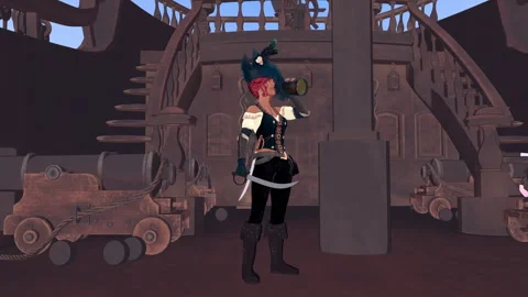 Red Haired Female Pirate Drinks Rum And Swings Sword On Ship Deck Stockbeeldmateriaal 344798373