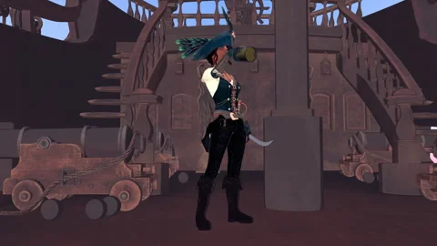 Red Haired Female Pirate Drinks Rum And Swings Sword On Ship Deck, Side View Stockbeeldmateriaal 344815396
