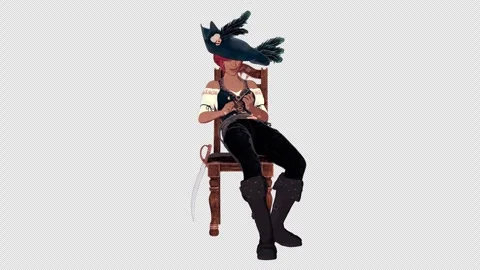 Red Haired Female Pirate Sitting on a chair and filing her nails, Frontal View Stockbeeldmateriaal 344769306