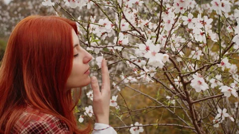 Red-haired girl smelling spring flower tree. Spring mood. Видео 171985624