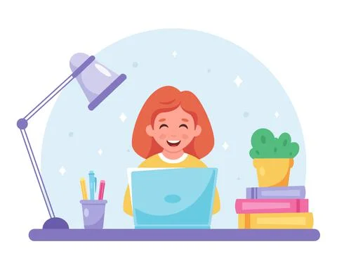 Red haired girl studying with computer. Online learning, back to school Stock Illustration