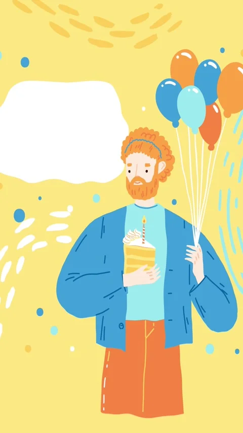A red-haired man holding balloons is holding a slice of birthday cake Stock Footage 346043904