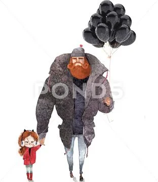 Red haired man with a little girl and ballons Stock Illustration