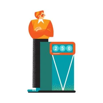 Red-haired man player with arms crossed thoughtfully standing on the tribune of Stock Illustration