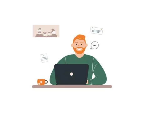 Red-haired man tutor work on laptop.Remote work, distance E-learning Stock Illustration