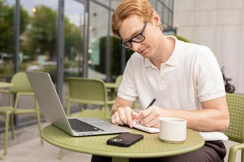 Red-haired remote worker writing in notebook checking tasks using laptop Stock Photos