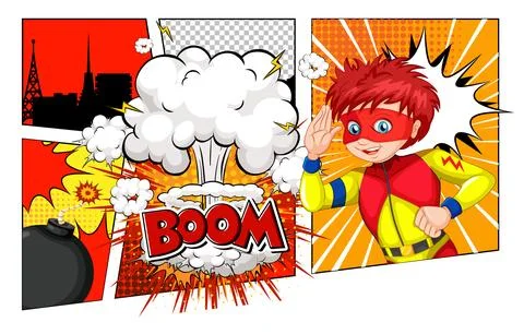 Red-Haired Superhero Boy in Comic Book Explosion Scene Stock Illustration
