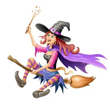 Red haired witch flying on a broomstick over on white background Stock Illustration