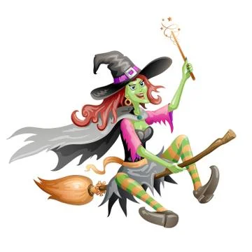 Red haired witch flying on a broomstick over on white background Stock Illustration