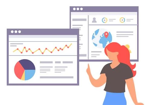 Red-haired woman gesturing, making web analytics, analysing charts, diagram Stock Illustration
