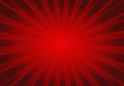Red halftone comic style background with radial sunburst rays and central e.. Illustrazione stock