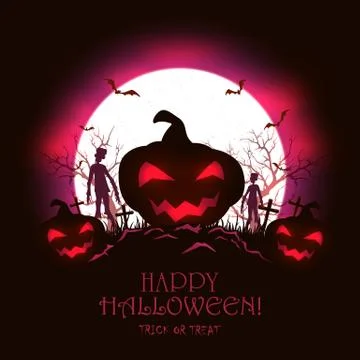 Red Halloween Background with Evil Pumpkins and Zombie Stock Illustration