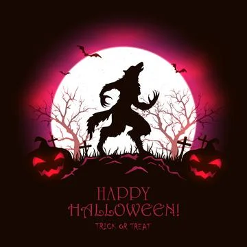 Red Halloween Background with Evil Pumpkins and Monster Werewolf Stock Illustration