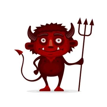 Red Halloween Devil with Trident in Cartoon Style. Vector Stock Illustration